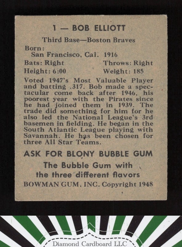 1948 Bowman #1 Bob Elliott EX b, back