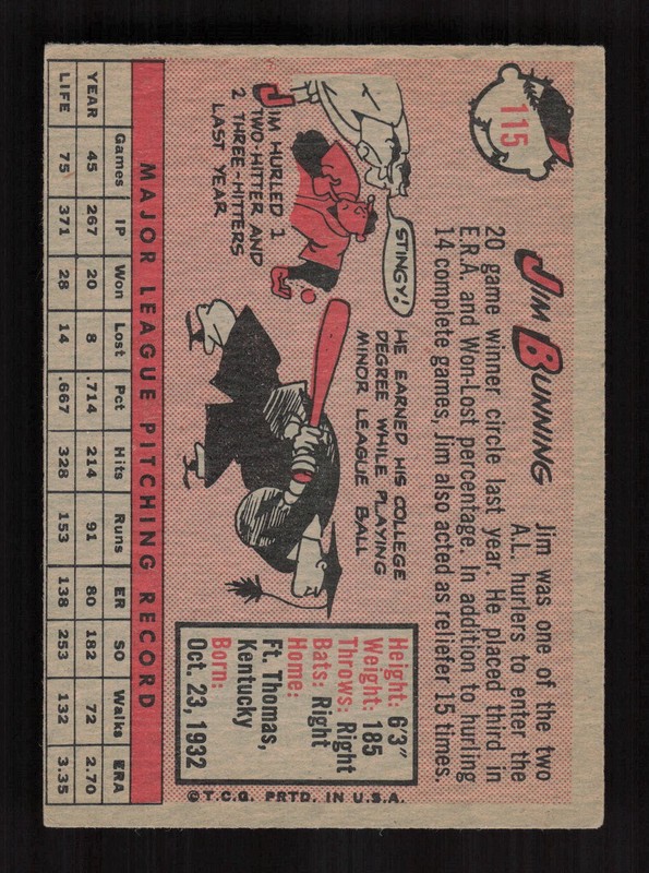 1958 Topps #115 Jim Bunning VGEX+ d, back