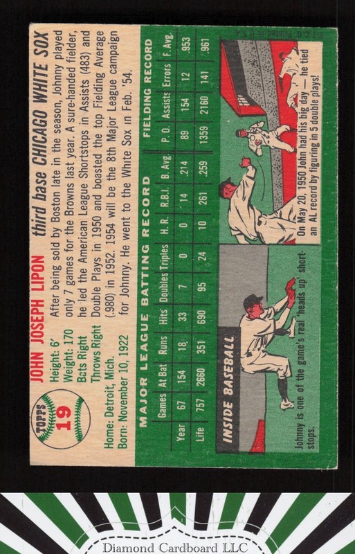1954 Topps #19 Johnny Lipon VGEX k, back