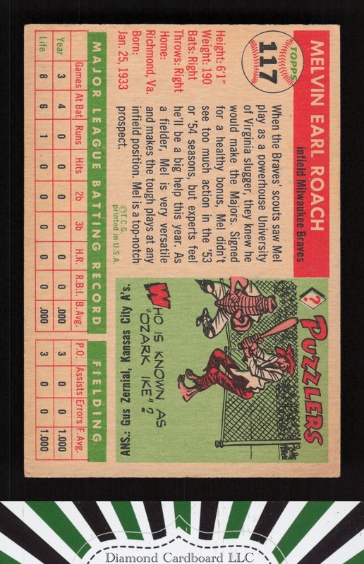 1955 Topps #117 Mel Roach VGEX p, back