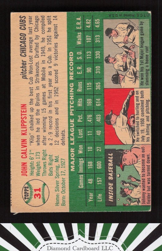 1954 Topps #31 Johnny Klippstein VG e, back