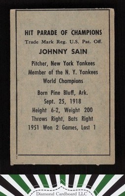 1952 Berk Ross # Johnny Sain GD, back