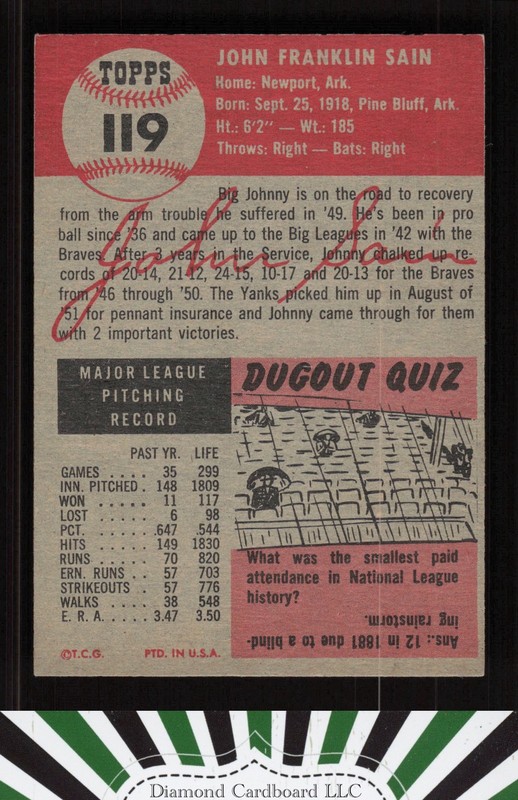 1953 Topps #119 Johnny Sain : Bio uses white text VGEX f, back