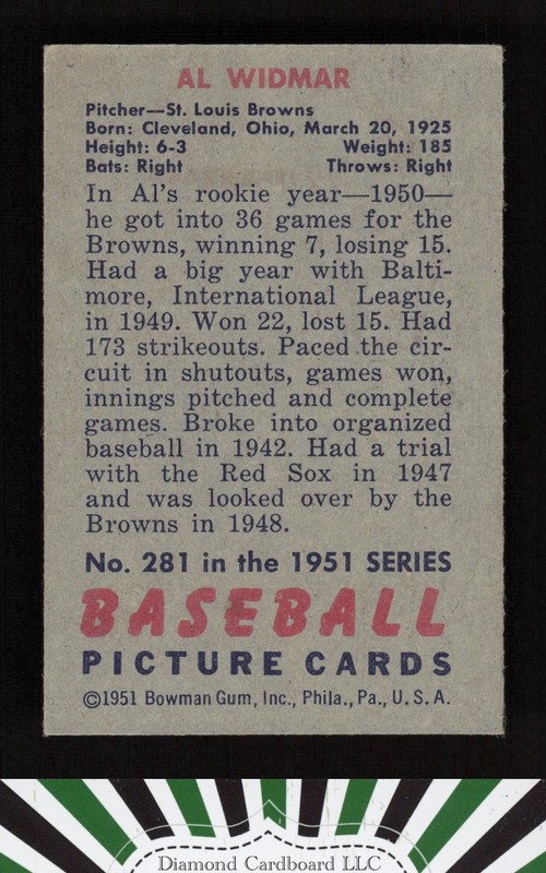 1951 Bowman #281 Al Widmar VGEX, back