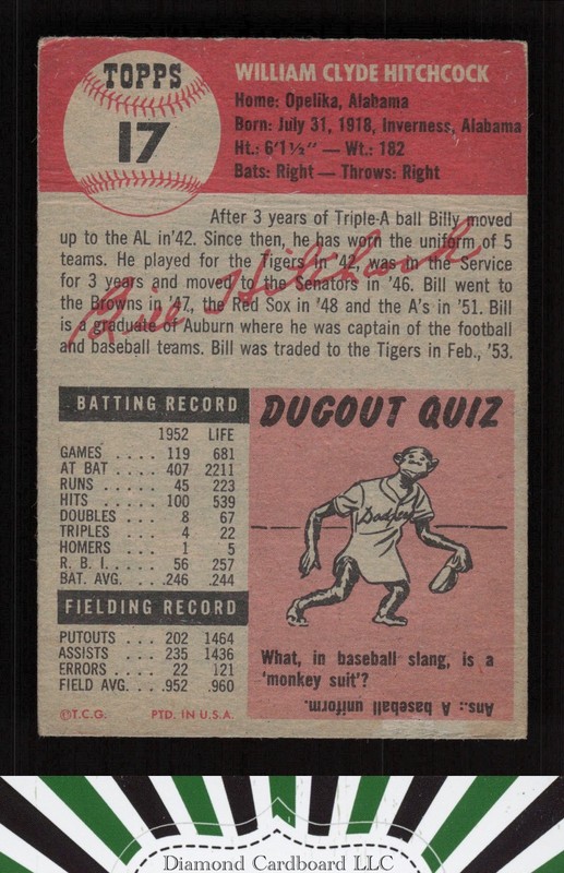 1953 Topps #17 Billy Hitchcock VGEX d, back