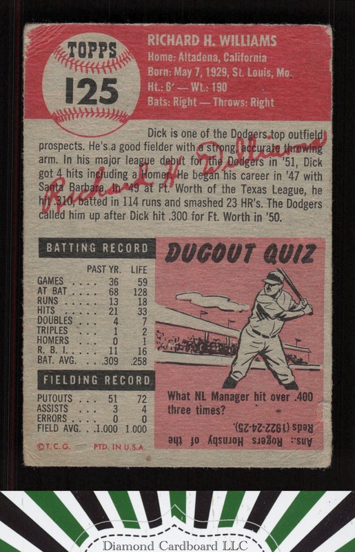 1953 Topps #125 Dick Williams : Bio uses white text FR a, back