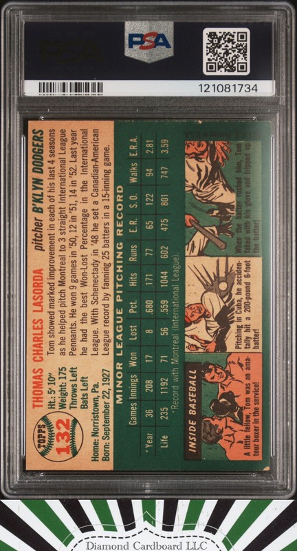 1954 Topps #132 Tom Lasorda PSA 4  HOF ROOKIE, back