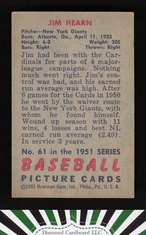 1951 Bowman #61 Jim Hearn VGEX, back