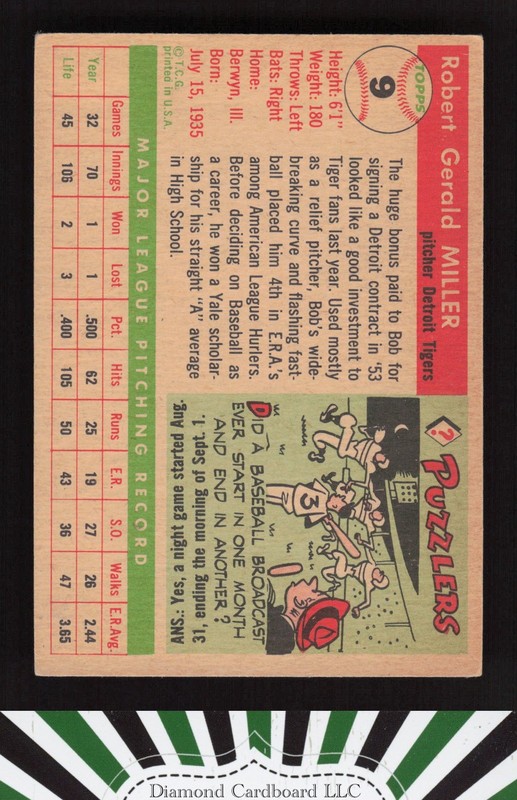 1955 Topps #9 Bob Miller VGEX+ j, back