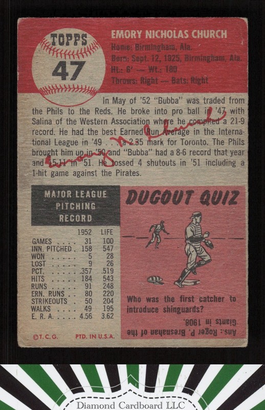 1953 Topps #47 Bubba Church FR a, back