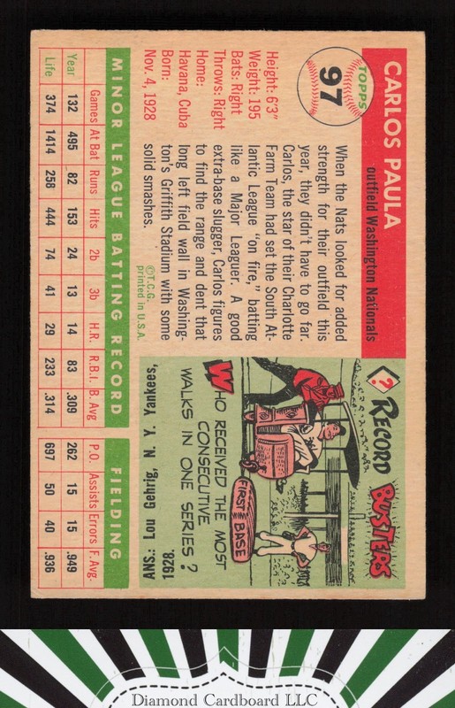 1955 Topps #97 Carlos Paula VGEX o, back