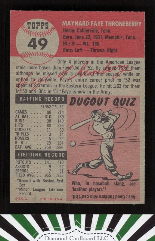 1953 Topps #49 Faye Throneberry EX+ [NICELY CENTERED] d, back