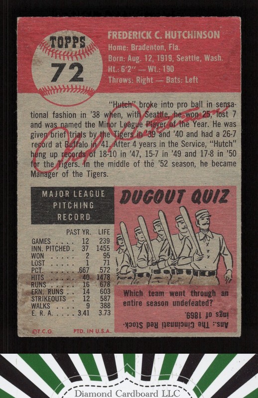 1953 Topps #72 Fred Hutchinson VG c, back