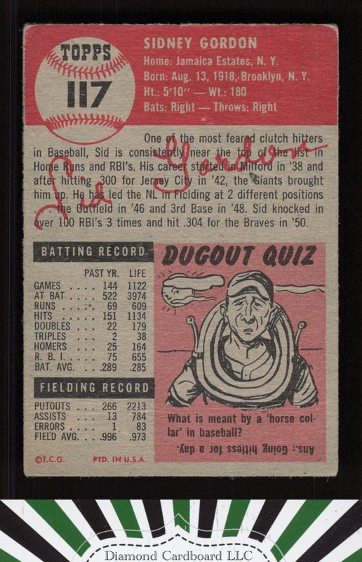 1953 Topps #117 Sid Gordon : Bio uses white text VG [CENTERED] d, back