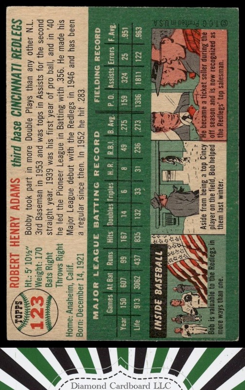 1954 Topps #123 Bobby Adams VG+ j, back