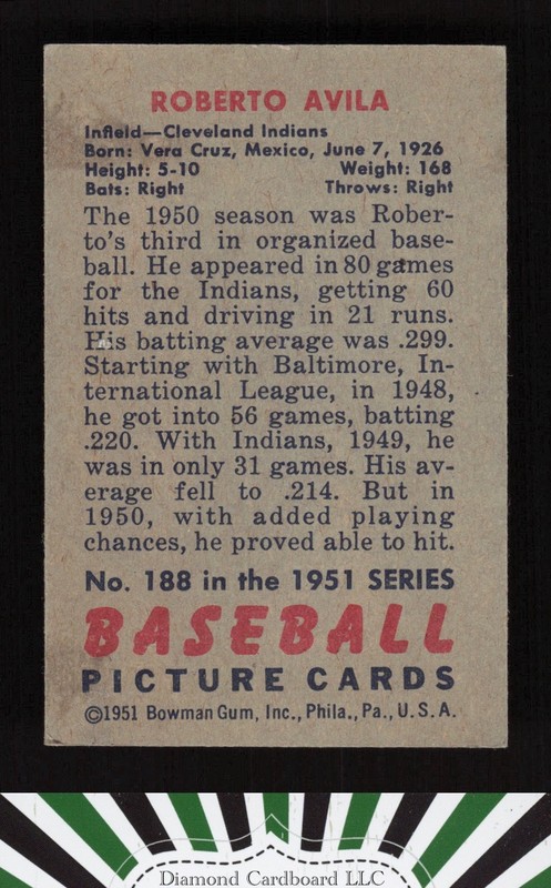 1951 Bowman #188 Roberto Avila VGEX, back
