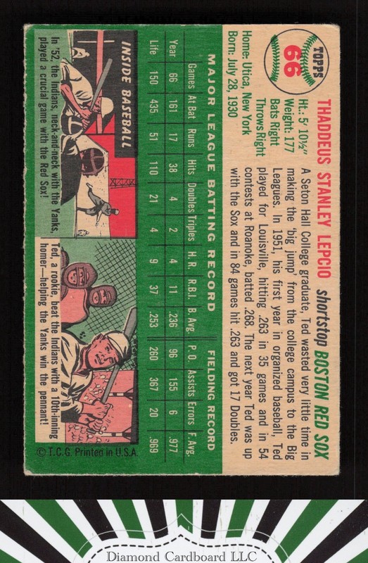1954 Topps #66 Ted Lepcio VGEX (MK) c, back