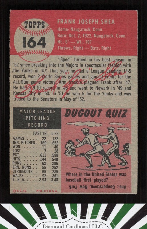 1953 Topps #164 Frank Shea : Bio uses white text VGEX (ST) a, back