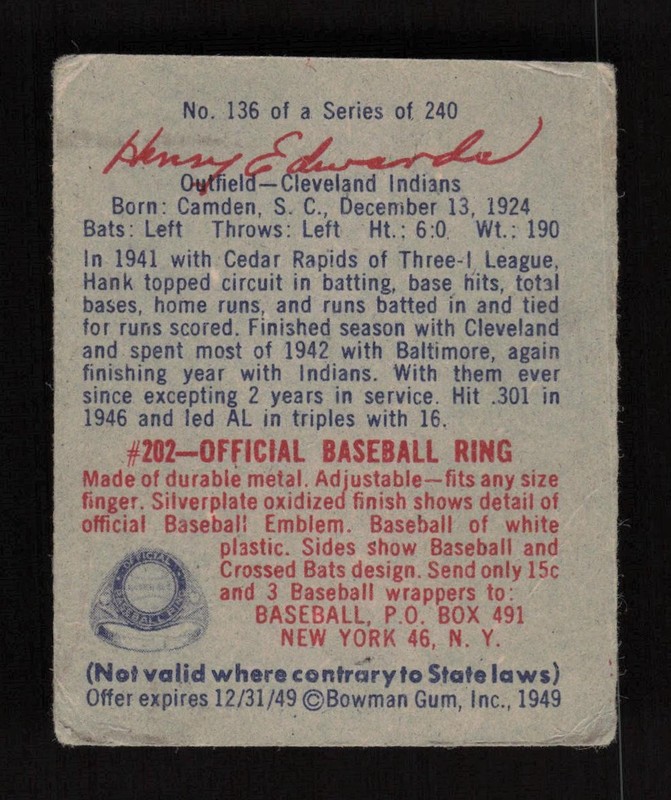 1949 Bowman #136 Henry "Hank" Edwards VG, back