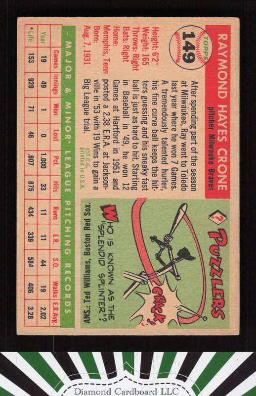 1955 Topps #149 Ray Crone VGEX (MK) d, back