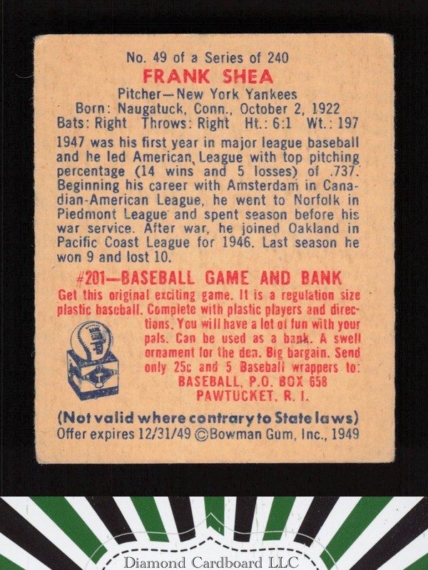 1949 Bowman #49 Frank Shea VGEX [CENTERED] a, back