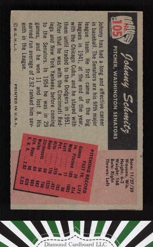 1955 Bowman #105 Johnny Schmitz EX, back
