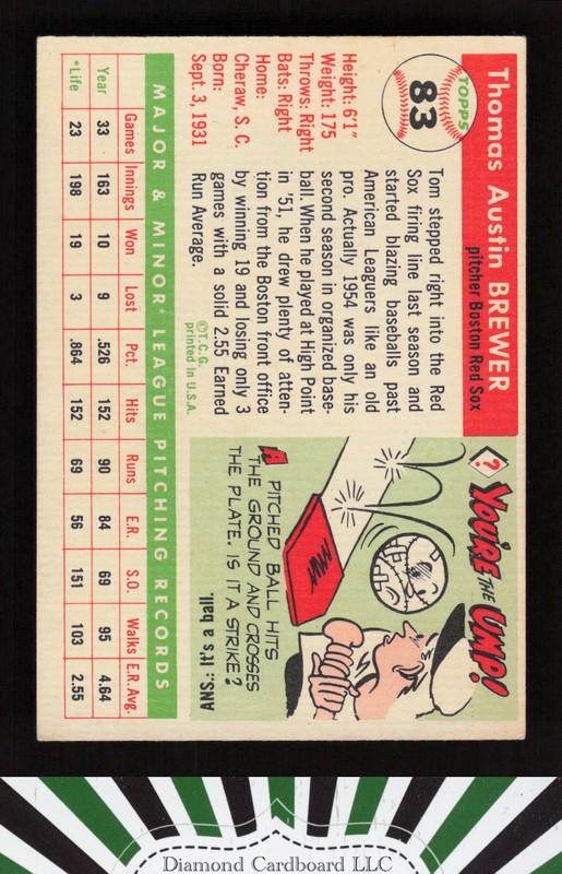 1955 Topps #83 Tom Brewer EX+ m, back