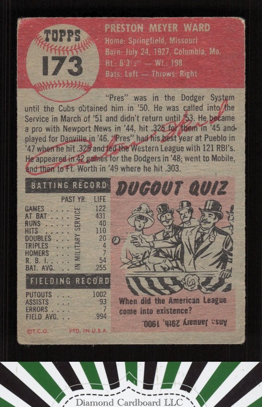 1953 Topps #173 Preston Ward PR b, back