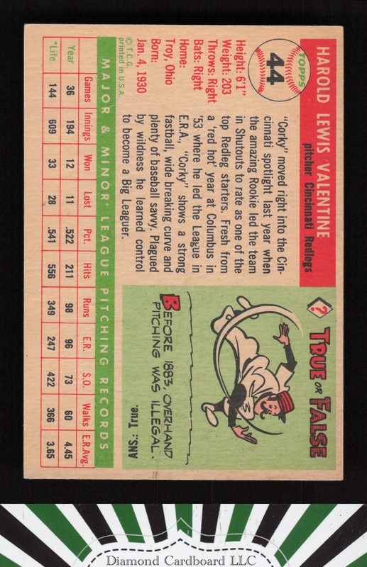 1955 Topps #44 Corky Valentine EX p, back