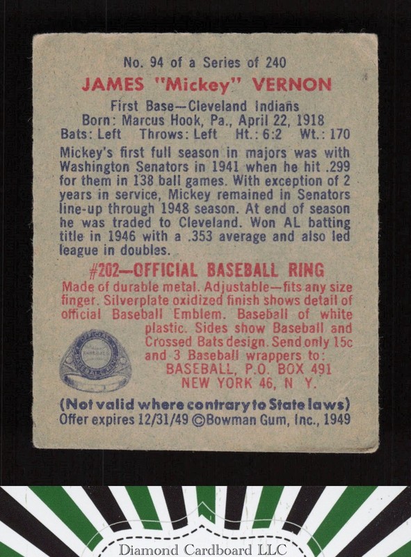 1949 Bowman #94 James "Mickey" Vernon VG a, back
