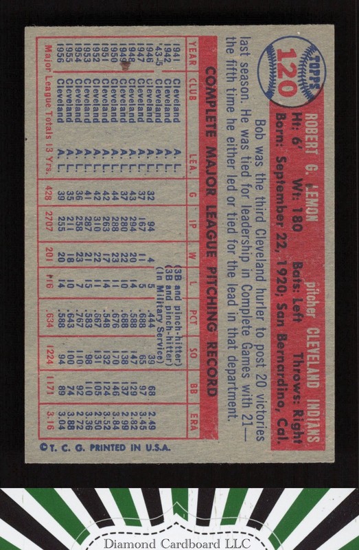 1957 Topps #120 Bob Lemon EX+ h, back
