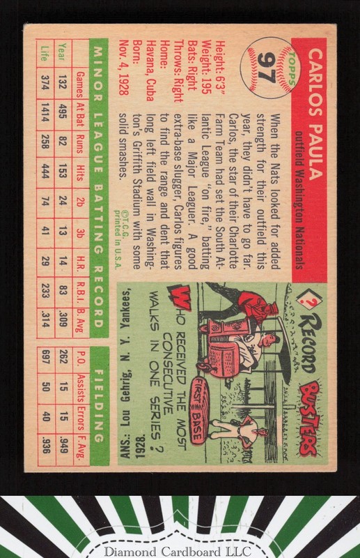 1955 Topps #97 Carlos Paula VGEX+ m, back