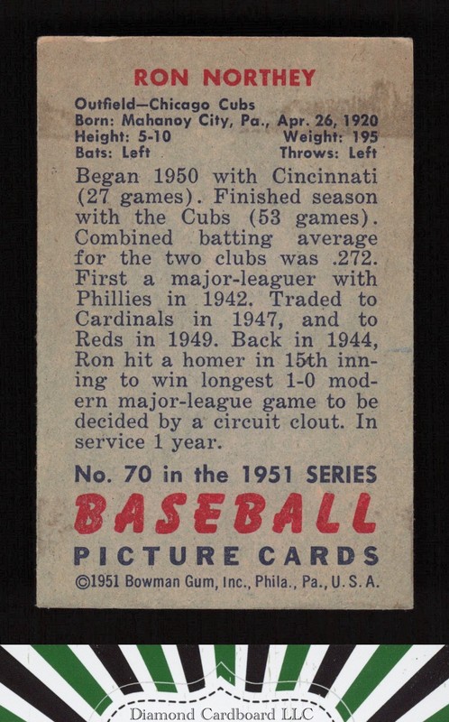 1951 Bowman #70 Ron Northey VGEX, back