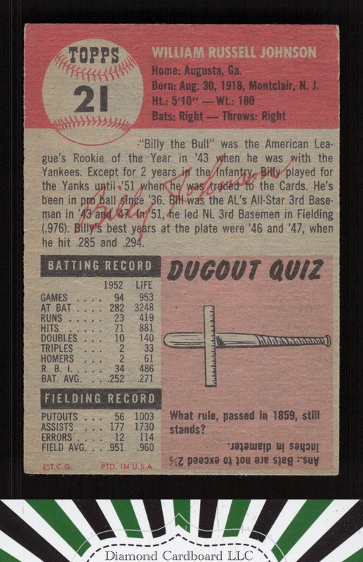 1953 Topps #21 Billy Johnson GD a, back
