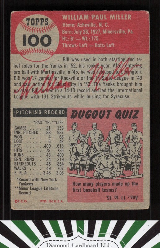 1953 Topps #100 Bill Miller : Bio uses white text PR a, back