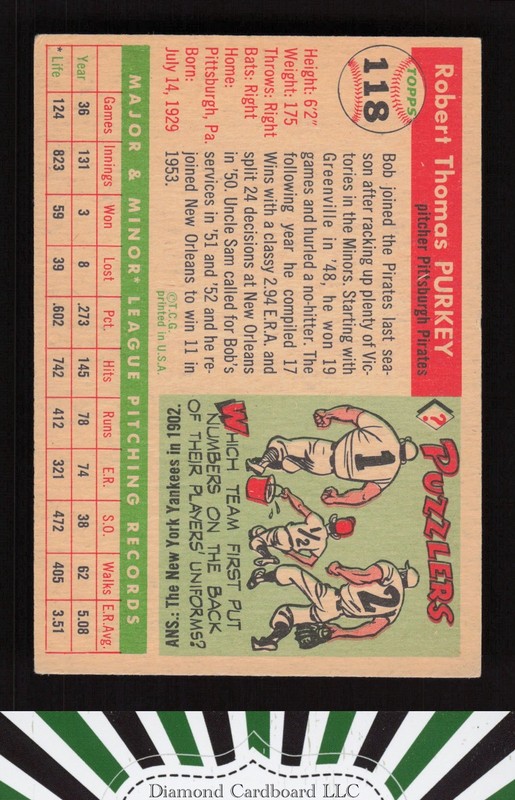 1955 Topps #118 Bob Purkey VG+ j, back