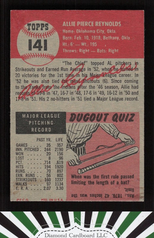 1953 Topps #141 Allie Reynolds : Bio uses white text EX h, back
