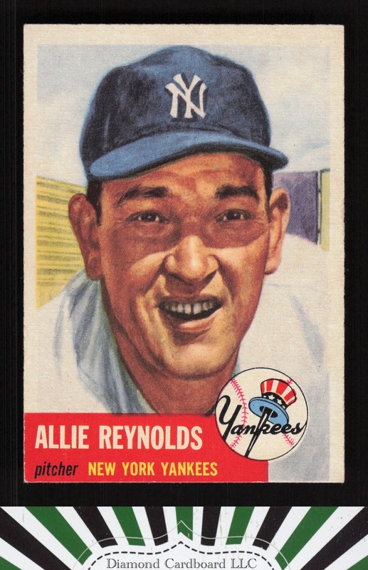 1953 Topps #141 Allie Reynolds : Bio uses white text EX h, front