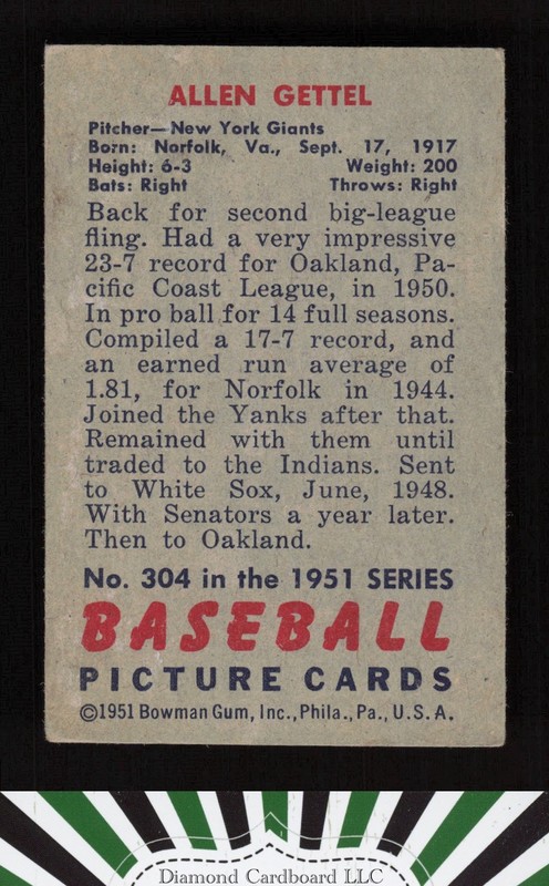 1951 Bowman #304 Allen Gettel VG+, back