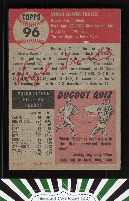 1953 Topps #96 Virgil Trucks : Bio uses white text EXMT f, back