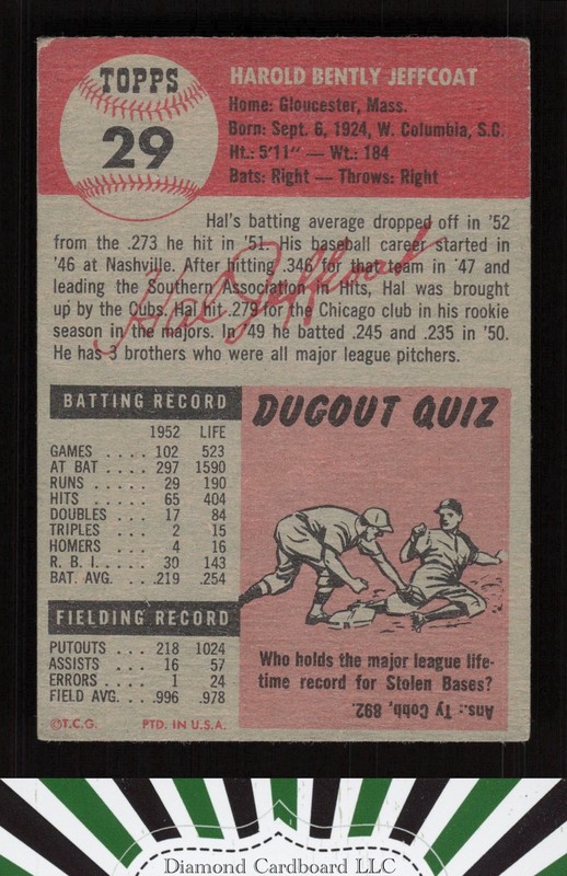 1953 Topps #29 Hal Jeffcoat VGEX i, back