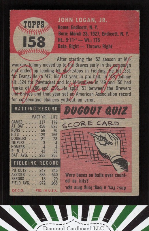1953 Topps #158 Johnny Logan : Bio uses black text EX d, back