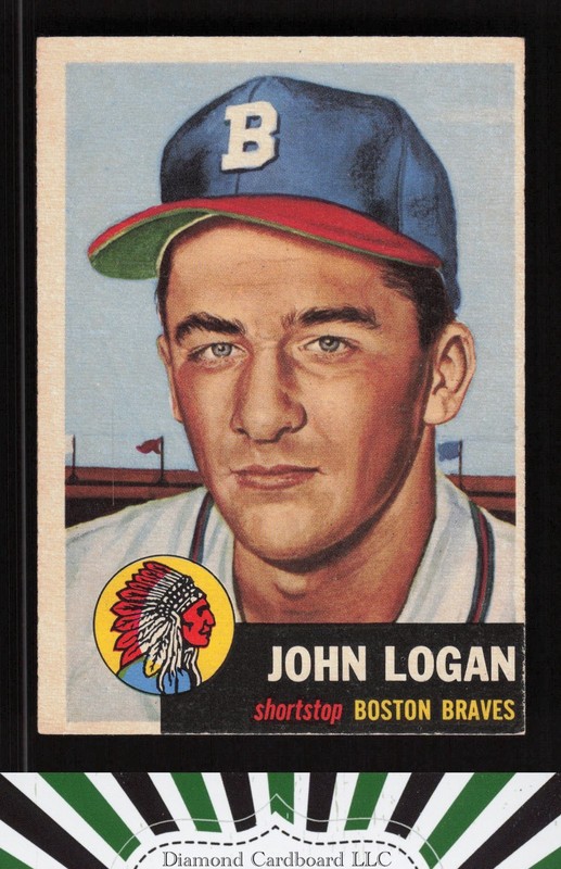1953 Topps #158 Johnny Logan : Bio uses black text EX d, front
