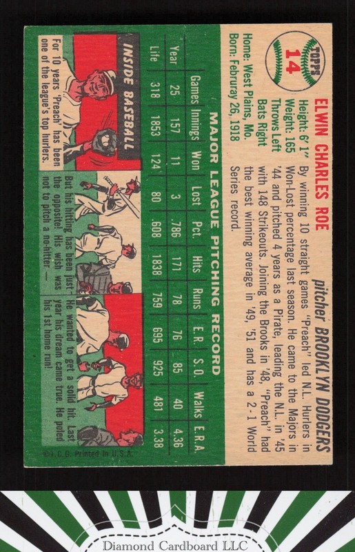 1954 Topps #14 Preacher Roe EX m, back