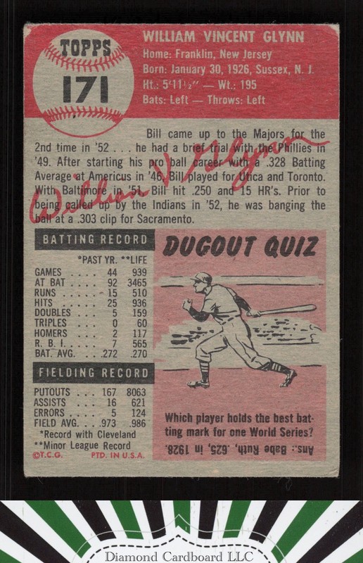 1953 Topps #171 Bill Glynn VG d, back