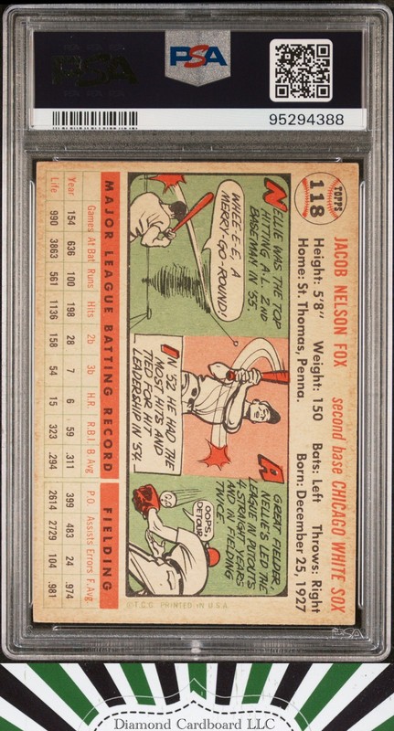 1956 Topps #118 Nellie Fox PSA 4 White Back [GREAT CENTERING}, back