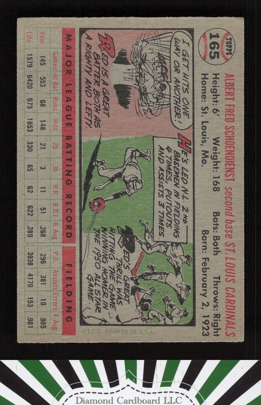 1956 Topps #165 Red Schoendienst VGEX t, back