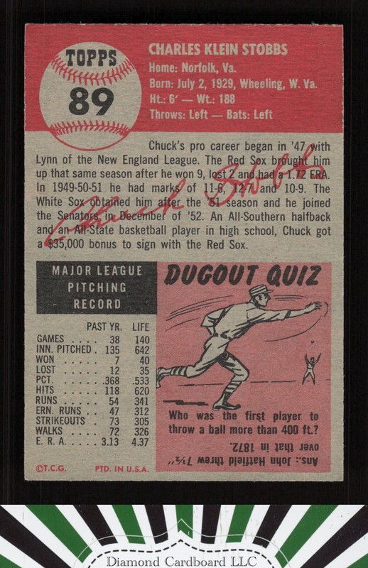 1953 Topps #89 Chuck Stobbs : Bio uses white text GD (creases) c, back
