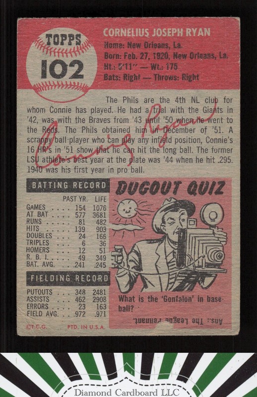 1953 Topps #102 Connie Ryan : Bio uses black text GD+ b, back