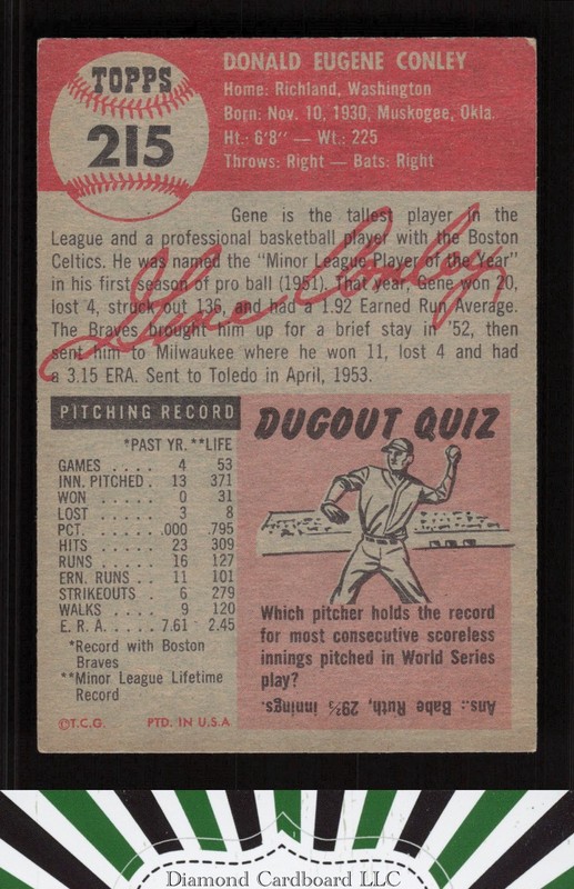 1953 Topps #215 Gene Conley EXMT g, back
